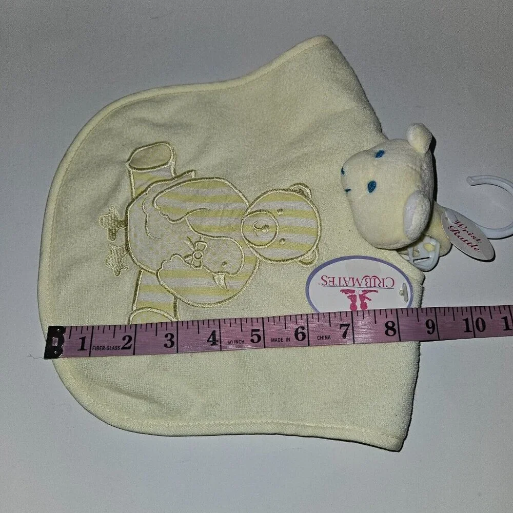 NOS Cribmates Yellow Bib Wrist Rattle Baby Gift Lot Teddy Bear Duck VTG